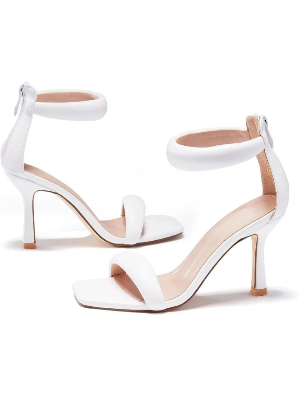 Women's White One Strap Sandals Square Toe Stiletto Heels Casual Summer Shoes